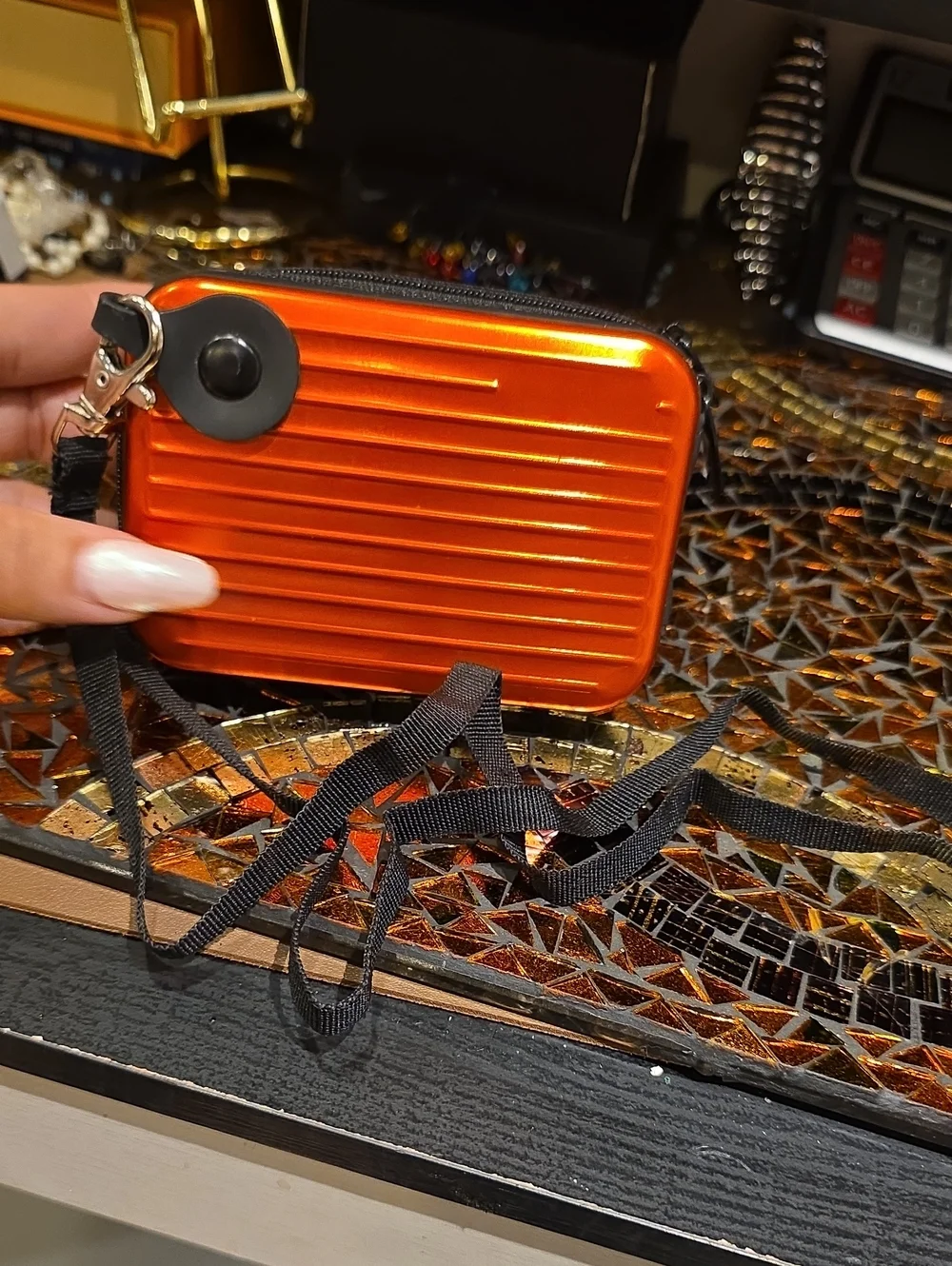 Source Unknown Orange Metallic Hard-Shell Wristlet Clutch